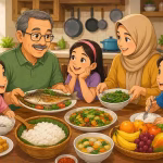 Ilustrasi kartun sebuah keluarga sedang makan bersama di meja makan dengan menu rumahan sehat seperti ikan segar, sayuran, nasi, tahu, dan buah-buahan di suasana dapur yang hangat dan nyaman.