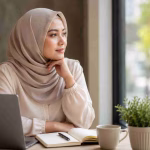 Perempuan berhijab duduk di dekat jendela dengan laptop dan buku, tampak berpikir sambil menatap ke luar.