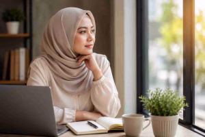 Perempuan berhijab duduk di dekat jendela dengan laptop dan buku, tampak berpikir sambil menatap ke luar.