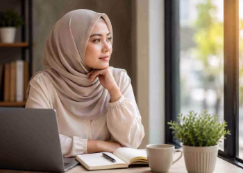 Perempuan berhijab duduk di dekat jendela dengan laptop dan buku, tampak berpikir sambil menatap ke luar.