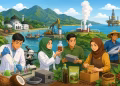 Ilustrasi kartun suasana Aceh dengan peneliti, petani, nelayan, dan pelaku usaha mengolah hasil riset teknologi berbasis sumber daya alam seperti kopi, kelapa, perikanan, dan energi di latar pegunungan serta pesisir laut.