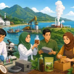 Ilustrasi kartun suasana Aceh dengan peneliti, petani, nelayan, dan pelaku usaha mengolah hasil riset teknologi berbasis sumber daya alam seperti kopi, kelapa, perikanan, dan energi di latar pegunungan serta pesisir laut.