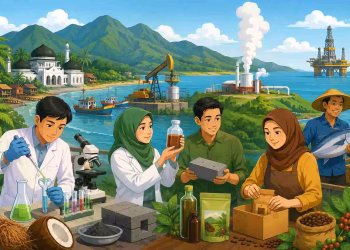 Ilustrasi kartun suasana Aceh dengan peneliti, petani, nelayan, dan pelaku usaha mengolah hasil riset teknologi berbasis sumber daya alam seperti kopi, kelapa, perikanan, dan energi di latar pegunungan serta pesisir laut.