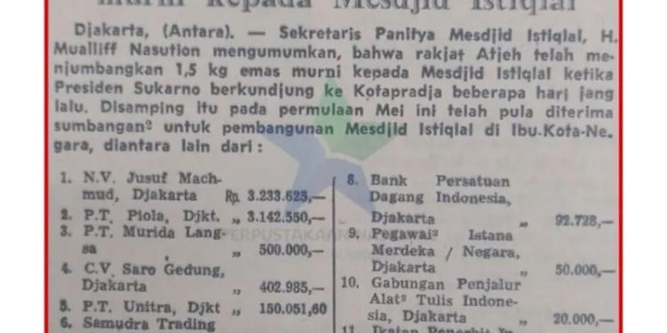 Sumbangan Rakyat Aceh untuk Pembangunan Masjid Istiqlal Jakarta