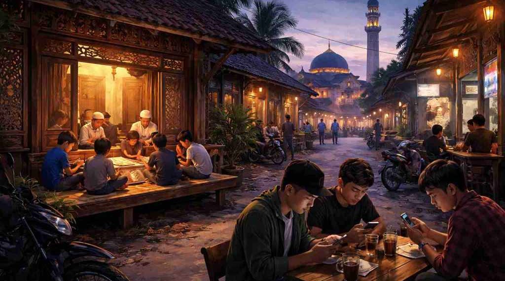 Evening street scene with people socializing