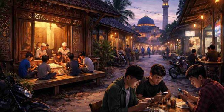 Evening street scene with people socializing