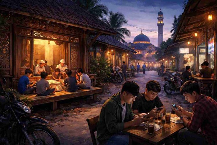 Evening street scene with people socializing