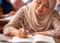 Perempuan Aceh mengenakan hijab sedang menulis di buku dalam suasana komunitas, mencerminkan semangat literasi dan pemberdayaan perempuan desa