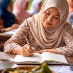 Perempuan Aceh mengenakan hijab sedang menulis di buku dalam suasana komunitas, mencerminkan semangat literasi dan pemberdayaan perempuan desa