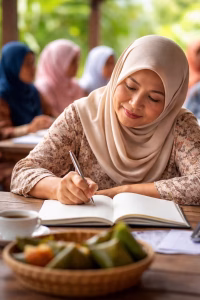 Perempuan Aceh mengenakan hijab sedang menulis di buku dalam suasana komunitas, mencerminkan semangat literasi dan pemberdayaan perempuan desa