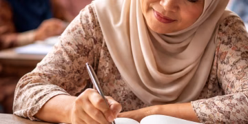 Perempuan Aceh mengenakan hijab sedang menulis di buku dalam suasana komunitas, mencerminkan semangat literasi dan pemberdayaan perempuan desa