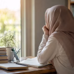 mahasiswi bimbingan konseling sedang belajar dan merenung