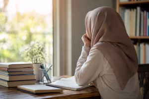 mahasiswi bimbingan konseling sedang belajar dan merenung