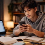 Mahasiswa menunda tugas sambil bermain ponsel di depan laptop