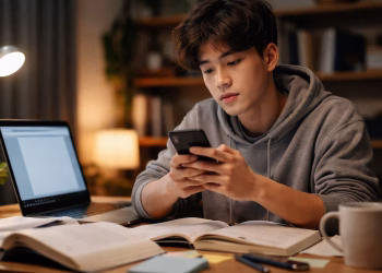 Mahasiswa menunda tugas sambil bermain ponsel di depan laptop