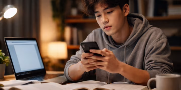 Mahasiswa menunda tugas sambil bermain ponsel di depan laptop