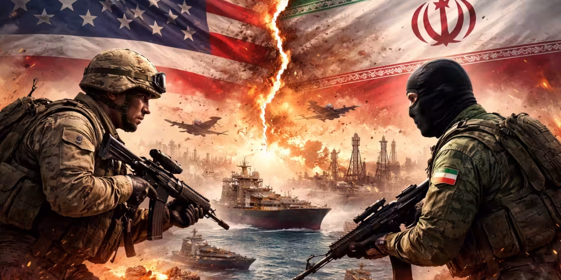 Ilustrasi ketegangan militer antara Amerika Serikat dan Iran di kawasan Timur Tengah dengan latar peta dan simbol energi global