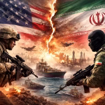 Ilustrasi ketegangan militer antara Amerika Serikat dan Iran di kawasan Timur Tengah dengan latar peta dan simbol energi global