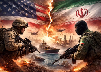 Ilustrasi ketegangan militer antara Amerika Serikat dan Iran di kawasan Timur Tengah dengan latar peta dan simbol energi global