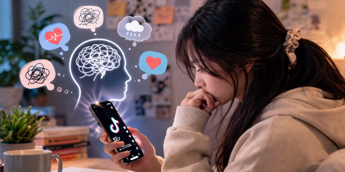 Ilustrasi remaja menggunakan TikTok dengan ekspresi reflektif, menggambarkan pencarian informasi kesehatan mental di media sosial.