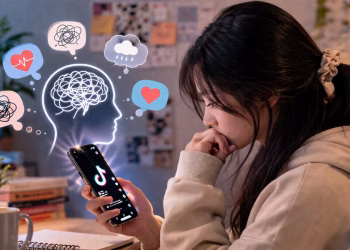 Ilustrasi remaja menggunakan TikTok dengan ekspresi reflektif, menggambarkan pencarian informasi kesehatan mental di media sosial.