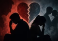 Ilustrasi siluet pasangan dengan hati retak melambangkan cemburu, konflik emosional, dan hubungan yang rapuh