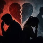 Ilustrasi siluet pasangan dengan hati retak melambangkan cemburu, konflik emosional, dan hubungan yang rapuh