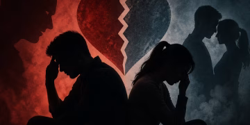 Ilustrasi siluet pasangan dengan hati retak melambangkan cemburu, konflik emosional, dan hubungan yang rapuh