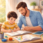 Ilustrasi ayah dan anak bermain bersama menunjukkan peran ayah dalam perkembangan anak