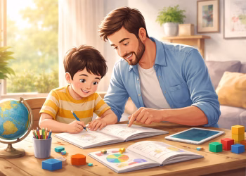 Ilustrasi ayah dan anak bermain bersama menunjukkan peran ayah dalam perkembangan anak