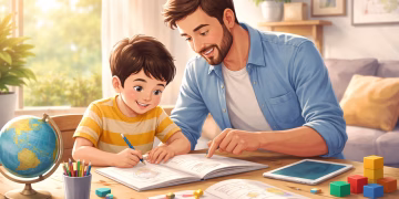 Ilustrasi ayah dan anak bermain bersama menunjukkan peran ayah dalam perkembangan anak