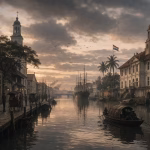 Kota Batavia abad ke-18 dengan kanal, bangunan kolonial, dan suasana senja yang muram di sekitar Kali Besar.