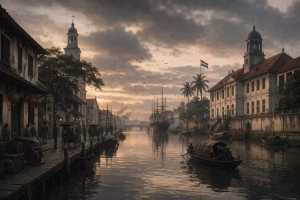 Kota Batavia abad ke-18 dengan kanal, bangunan kolonial, dan suasana senja yang muram di sekitar Kali Besar.