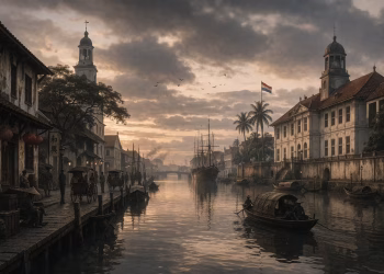 Kota Batavia abad ke-18 dengan kanal, bangunan kolonial, dan suasana senja yang muram di sekitar Kali Besar.