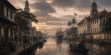 Kota Batavia abad ke-18 dengan kanal, bangunan kolonial, dan suasana senja yang muram di sekitar Kali Besar.