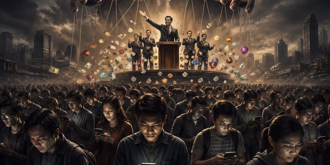 Ilustrasi kerumunan orang menatap ponsel di bawah panggung politik dengan figur pemimpin yang dikendalikan seperti boneka oleh tangan besar di atasnya, menggambarkan manipulasi, popularitas, dan hilangnya akal sehat dalam demokrasi.