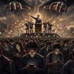 Ilustrasi kerumunan orang menatap ponsel di bawah panggung politik dengan figur pemimpin yang dikendalikan seperti boneka oleh tangan besar di atasnya, menggambarkan manipulasi, popularitas, dan hilangnya akal sehat dalam demokrasi.