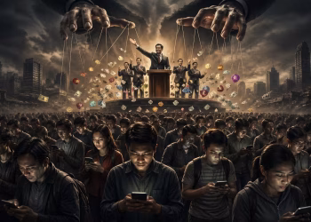 Ilustrasi kerumunan orang menatap ponsel di bawah panggung politik dengan figur pemimpin yang dikendalikan seperti boneka oleh tangan besar di atasnya, menggambarkan manipulasi, popularitas, dan hilangnya akal sehat dalam demokrasi.