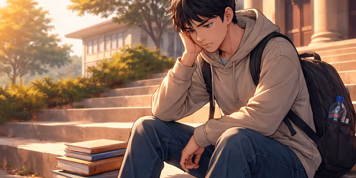 Ilustrasi mahasiswa duduk sendiri dengan wajah murung dan lelah di area kampus, menunjukkan stres dan beban pikiran.