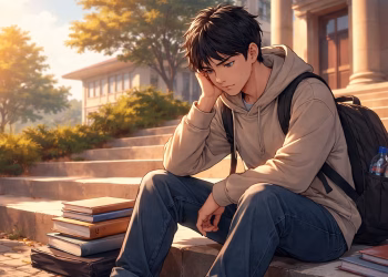 Ilustrasi mahasiswa duduk sendiri dengan wajah murung dan lelah di area kampus, menunjukkan stres dan beban pikiran.