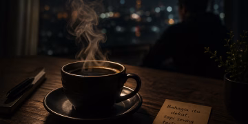 kopi hitam di malam hari suasana tenang refleksi tentang kebahagiaan