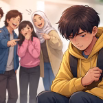 Gambar ilustrasi yang menggambarkan fenomena diskriminasi halus dalam bentuk candaan di lingkungan sosial, berkaitan dengan konsep in-group bias dan stereotip dalam psikologi sosial.