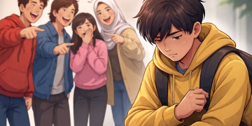 Gambar ilustrasi yang menggambarkan fenomena diskriminasi halus dalam bentuk candaan di lingkungan sosial, berkaitan dengan konsep in-group bias dan stereotip dalam psikologi sosial.