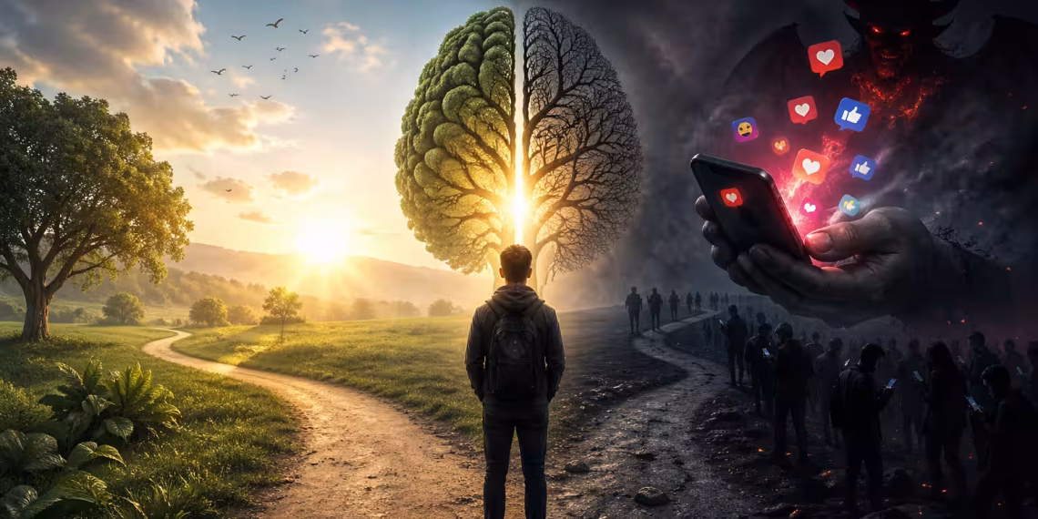 Ilustrasi seorang berdiri di persimpangan jalan dengan simbol otak bercahaya di tengah, menggambarkan akal waras di era digital antara kebaikan dan pengaruh media sosial.
