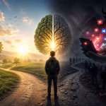 Ilustrasi seorang berdiri di persimpangan jalan dengan simbol otak bercahaya di tengah, menggambarkan akal waras di era digital antara kebaikan dan pengaruh media sosial.