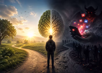 Ilustrasi seorang berdiri di persimpangan jalan dengan simbol otak bercahaya di tengah, menggambarkan akal waras di era digital antara kebaikan dan pengaruh media sosial.