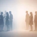 Ilustrasi dua kelompok manusia yang terpisah dengan perbedaan warna, menggambarkan prasangka, bias sosial, dan pengelompokan in-group dan out-group.”