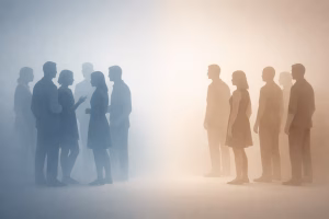 Ilustrasi dua kelompok manusia yang terpisah dengan perbedaan warna, menggambarkan prasangka, bias sosial, dan pengelompokan in-group dan out-group.”