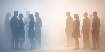 Ilustrasi dua kelompok manusia yang terpisah dengan perbedaan warna, menggambarkan prasangka, bias sosial, dan pengelompokan in-group dan out-group.”