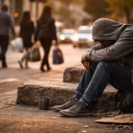 Pria duduk sendirian di jalanan kota dengan kondisi sederhana menggambarkan kemiskinan dan ketimpangan sosial